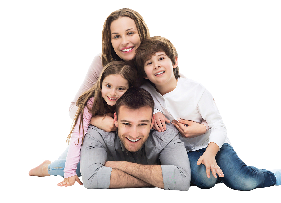 Happy family of four smiling together outdoors in a bright, welcoming setting. The image conveys trust, security, and togetherness, representing financial stability and family-focused lending services.